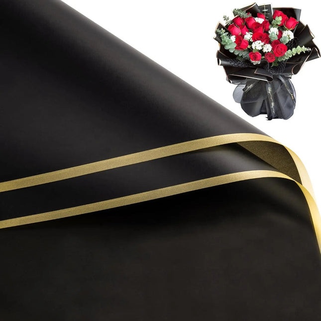 58x58cm Black Matte Floral Sheets with Gold Edge, ideal for luxury bouquet wrapping and premium gift packaging.