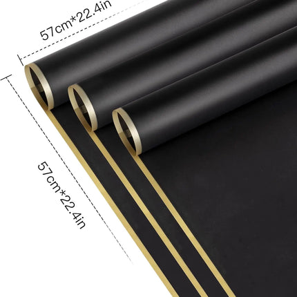 Black matte floral wrapping sheets (58x58cm), gold edge, perfect for elegant events and sophisticated gift presentation.