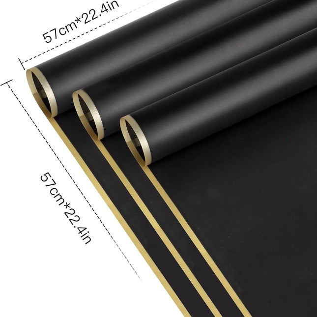 Black matte floral wrapping sheets (58x58cm), gold edge, perfect for elegant events and sophisticated gift presentation.