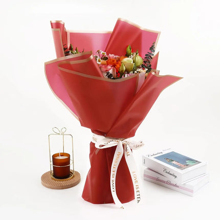 Premium 58x58cm Red matte floral wrapping, gold edge, for florists and special occasions.