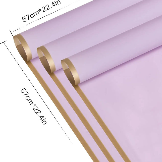 Lilac matte floral wrapping sheets (58x58cm), gold edge, perfect for gift packaging.