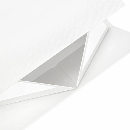 Fully Opened White Collapsible Magnetic Gift Box, showing assembly with adhesive tabs, easy to set up.