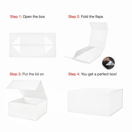 Easy assemble white gift box with step by step folding guide,perfect for gifting, storage,branding.