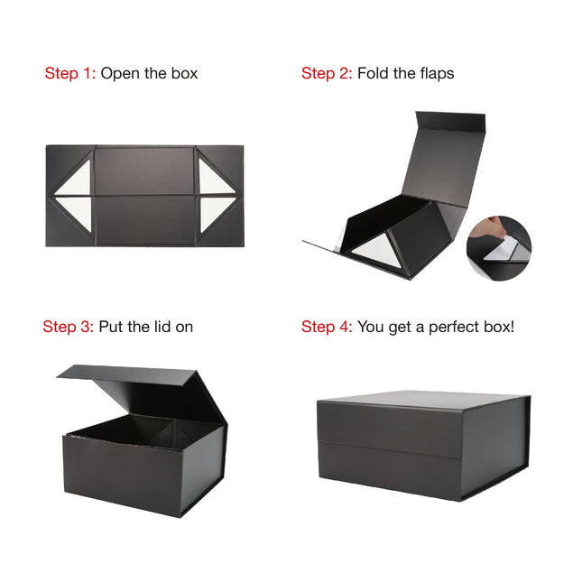 8" x 8" x 4" Collapsible Gift Box w/ Magnetic Square Flap Lid - Black LaRibbons and Crafts