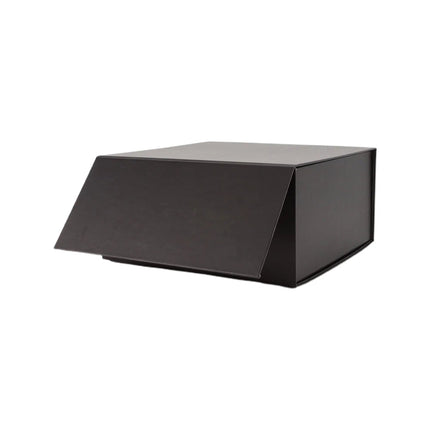 Black gift box with angled lid, solid black, sleek design, box structure.
