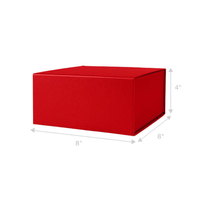 A red gift box with dimensions 8" x 8" x 4", featuring a sleek, solid design, ideal for gifting and festive packaging.