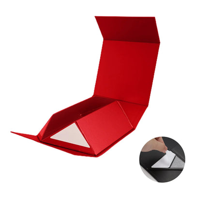 This red gift box with self-adhesive (shown in the inset circle), making it easy to assemble for festive packaging.