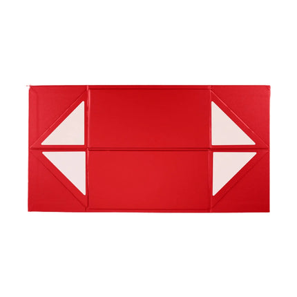 A flat, red gift box with pre-cut white adhesive triangular sections at the corners, designed for easy folding and assembly.