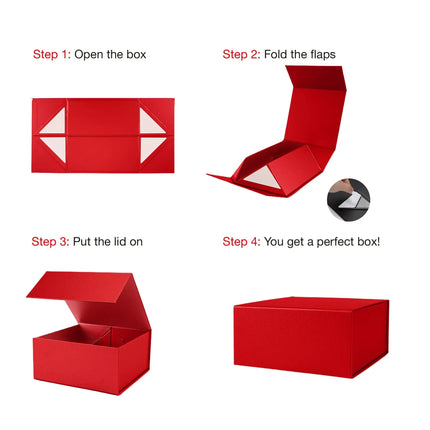 A four-step assembly tutorial for a red magnetic gift box,perfect for easy DIY gifting.