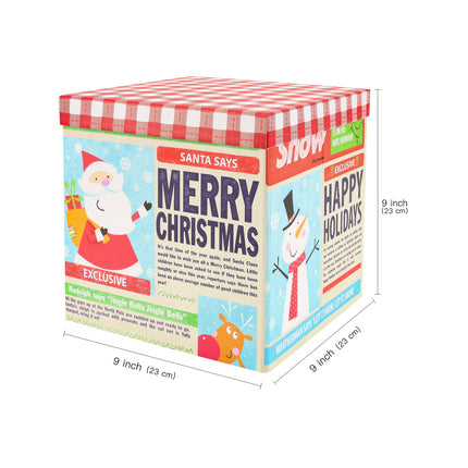 9" x 9" x 9" Holiday newspaper collapsable gift box with removable lid, showcasing Santa, snowman, and reindeer illustrations.