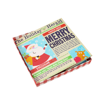 Festive Christmas gift box lid with newspaper design (Santa, Rudolph), perfect for holiday gifting and adding a playful seasonal touch.