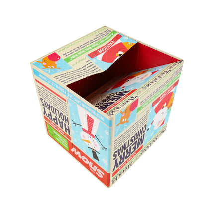 Christmas gift box bottom view with "The Holiday Herald" design (Santa, snowman, Rudolph), ideal for festive gifting and decor.