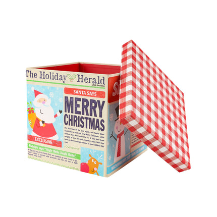 Collapsable gift box with removable lid featuring a holiday newspaper design (Santa, snowman, reindeer).