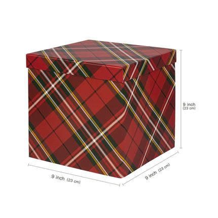 9" x 9" x 9" Red plaid collapsable gift box with removable lid, perfect for Christmas presents and organizing.