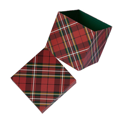 Collapsable gift box with removable lid, red plaid style, great for holiday gifting and decor, offering practical storage and festive appeal.