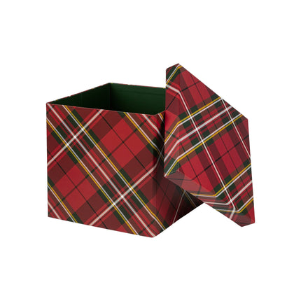 Collapsable gift box with removable lid in red plaid pattern, ideal for holiday gifting and storage.