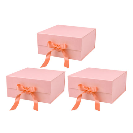 8" x 8" x 4" Collapsable Gift Box w/ Satin Ribbon & Magnetic Square Flap Lid (3-pack) | Pink LaRibbons and Crafts