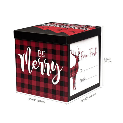 9x9x9 inch red & black plaid Christmas box, with “Be Merry” text, reindeer graphic, and “Farm Fresh” label, showing dimensions.