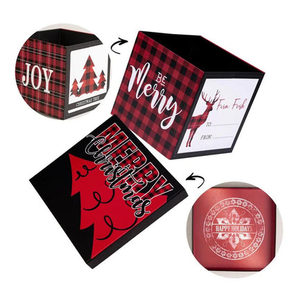 Red & black plaid Christmas gift box with "BE Merry" lettering, lid has red Christmas tree & "MERRY CHRISTMAS" design, ideal for holiday presents.
