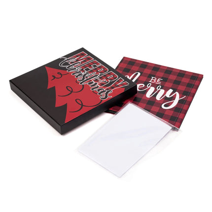 Red black plaid Christmas box parts: lid with "MERRY CHRISTMAS" tree, plaid body, clear liners and white衬纸, easy to assemble for holiday gifts.
