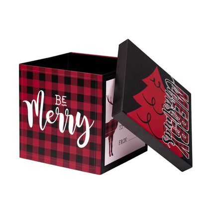 Red-black plaid gift box with "Be Merry", black lid with "Merry Christmas" tree, deer "Farm Fresh" label.