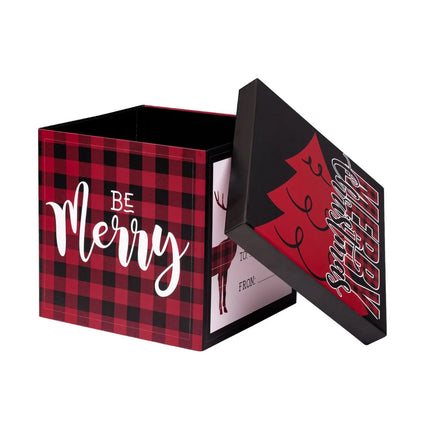 Red & black plaid Christmas gift box with "BE Merry" lettering, lid has red Christmas tree & "MERRY CHRISTMAS" design, great for holiday gifts.