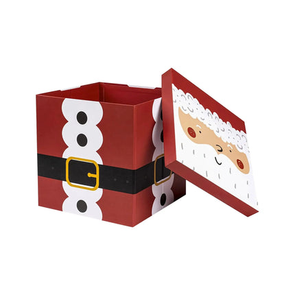 Santa-themed Christmas gift box with a red Santa suit design and a lid featuring a cute Santa face, ideal for holiday gifting.