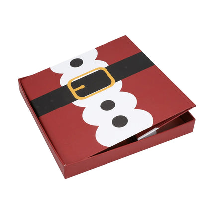 Foldable red Santa gift box with a black belt and yellow buckle design, perfect for Christmas gifting and festive packaging.