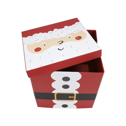A square Christmas gift box with a cute Santa Claus design—featuring a Santa face on the lid and a Santa suit pattern on the body.