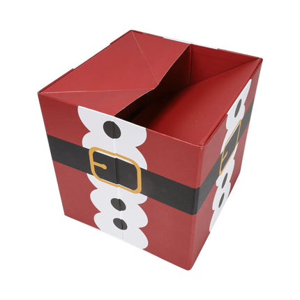 A red, cube-shaped Christmas gift box with a Santa suit design, partially assembled, ideal for festive storage.
