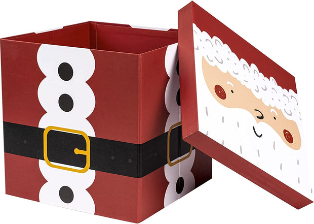 9" x 9" x 9" Collapsable Holiday Gift Box w/ 2-pcs White Tissue Paper & Removable Lid | Santa