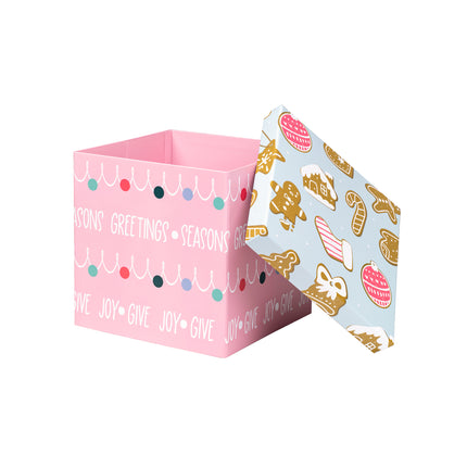 9" x 9" x 9" Collapsable Holiday Gift Box w/ 2-pcs White Tissue Paper & Removable Lid | "Christmas Ornaments" Pink/Blue LaRibbons and Crafts