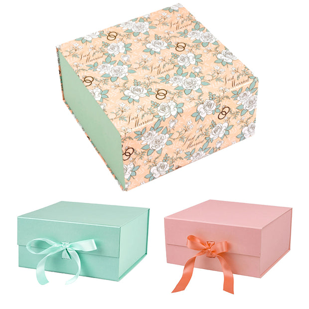 8" x 8" x 4" Collapsable Gift Box w/ Magnetic Square Flap Lid (3-pack) | Wedding Rings/Pink/Mint