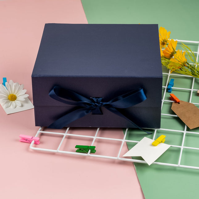 8" x 8" x 4" Collapsible Magnetic Gift Box with a Satin Ribbon- Navy LaRibbons and Crafts