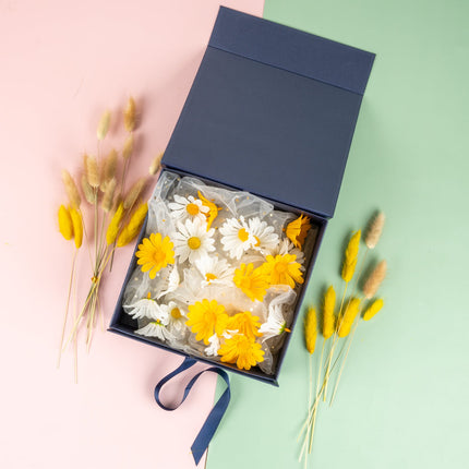 8" x 8" x 4" Collapsible Magnetic Gift Box with a Satin Ribbon- Navy LaRibbons and Crafts