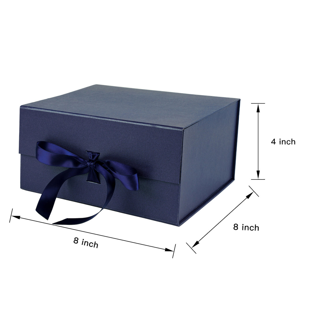 8" x 8" x 4" Collapsible Magnetic Gift Box with a Satin Ribbon- Navy