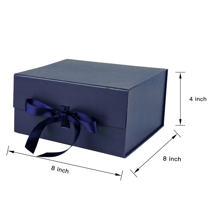 8" x 8" x 4" Collapsible Magnetic Gift Box with a Satin Ribbon- Navy