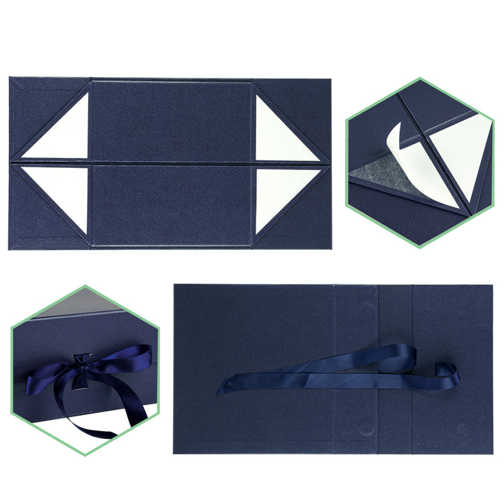 8" x 8" x 4" Collapsible Magnetic Gift Box with a Satin Ribbon- Navy