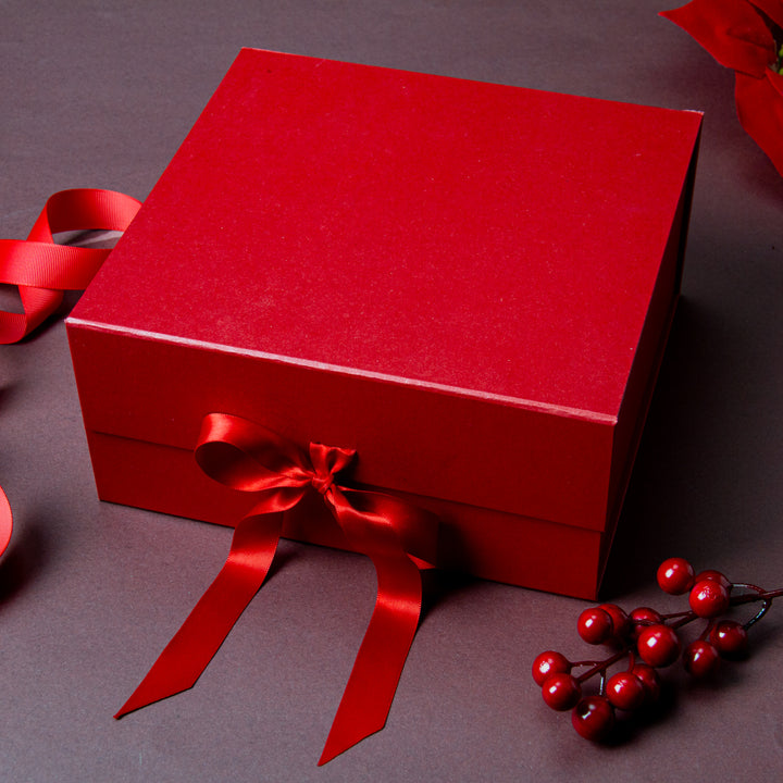 8" x 8" x 4" Collapsible Magnetic Gift Box with a Satin Ribbon- Red