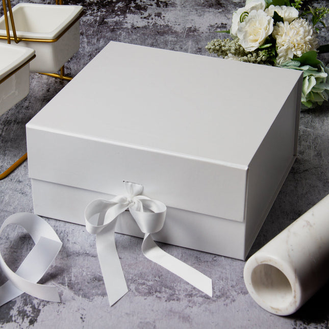 8" x 8" x 4" Collapsible Magnetic Gift Box with a Satin Ribbon- White LaRibbons and Crafts