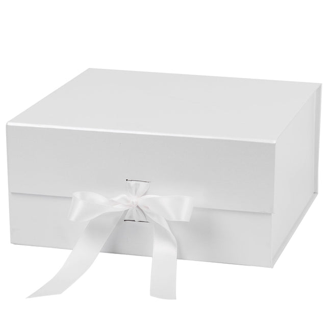 8" x 8" x 4" Collapsible Magnetic Gift Box with a Satin Ribbon- White LaRibbons and Crafts