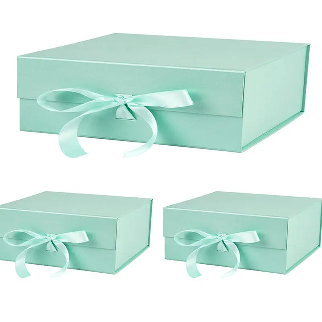 8" x 8" x 4" Collapsable Gift Box w/ Satin Ribbon & Magnetic Square Flap Lid (3-pack) | Mint LaRibbons and Crafts