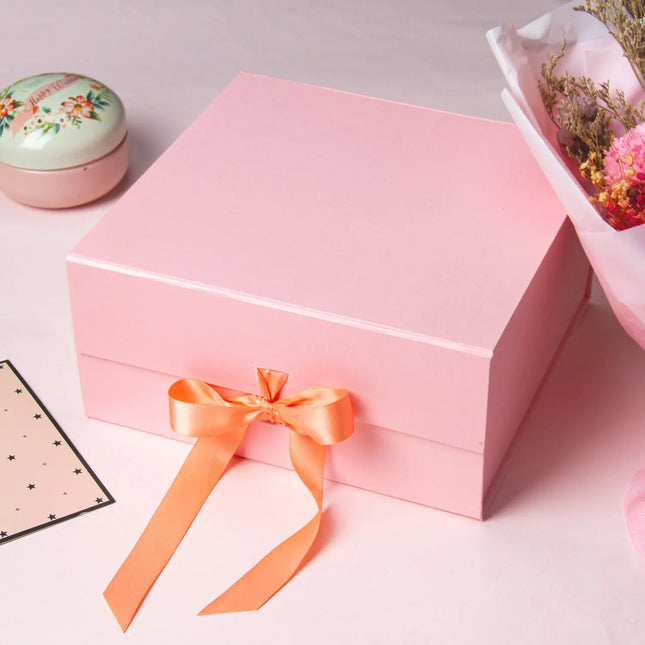 8" x 8" x 4" Collapsable Gift Box w/ Satin Ribbon & Magnetic Square Flap Lid (3-pack) | Pink LaRibbons and Crafts
