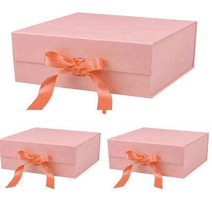 8" x 8" x 4" Collapsable Gift Box w/ Satin Ribbon & Magnetic Square Flap Lid (3-pack) | Pink LaRibbons and Crafts