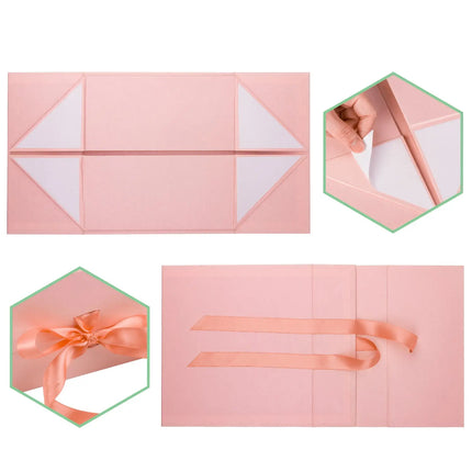8" x 8" x 4" Collapsable Gift Box w/ Satin Ribbon & Magnetic Square Flap Lid (3-pack) | Pink LaRibbons and Crafts