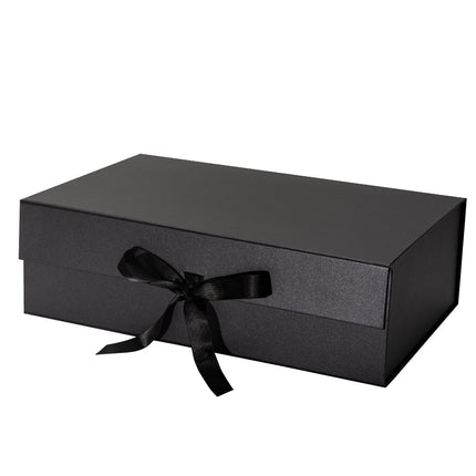 14" x 9" x 4.3" Collapsible Gift Box w/ Satin Ribbon & Magnetic Square Flap Lid - Black LaRibbons and Crafts