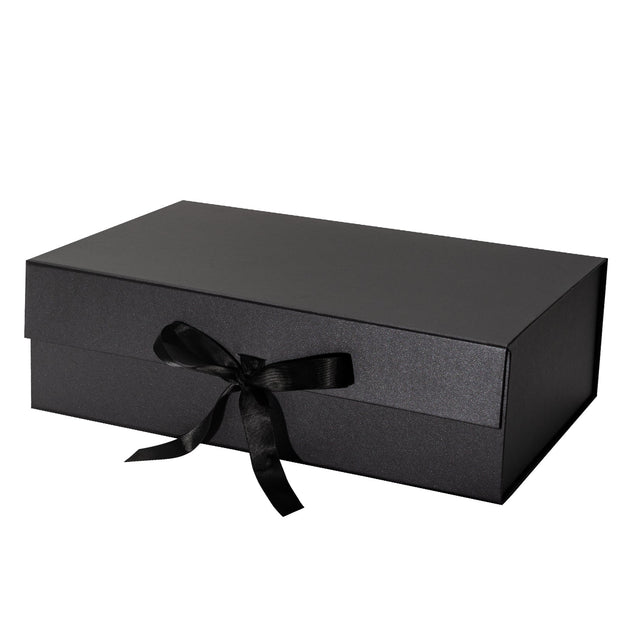 14" x 9" x 4.3" Collapsible Gift Box w/ Satin Ribbon & Magnetic Square Flap Lid - Black