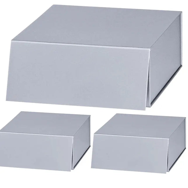 8" x 8" x 4" Collapsable Gift Box w/ Magnetic Square Flap Lid (3-pack) | Silver LaRibbons and Crafts