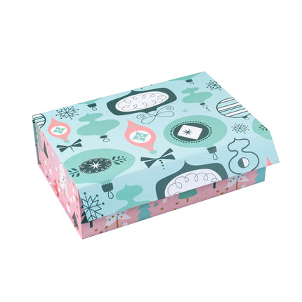 14" x 9" x 4.3" Collapsable Holiday Gift Box with Magnetic Square Flap Lid, decorated with pastel teal and pink Christmas bauble patterns