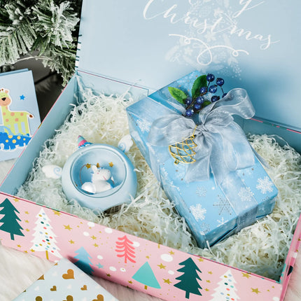 14x9x4.3 Inch Collapsable Gift Box featuring a magnetic square flap lid and whimsical Christmas ornament prints, perfect for storing holiday presents